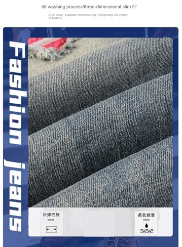 Jeans Pants Trouser Denim Tear Hole Water Wash Street Trendy Light Blue Grinding Fading Patchwork Elastic Tight Small Leg for Men(Light Blue,30)4