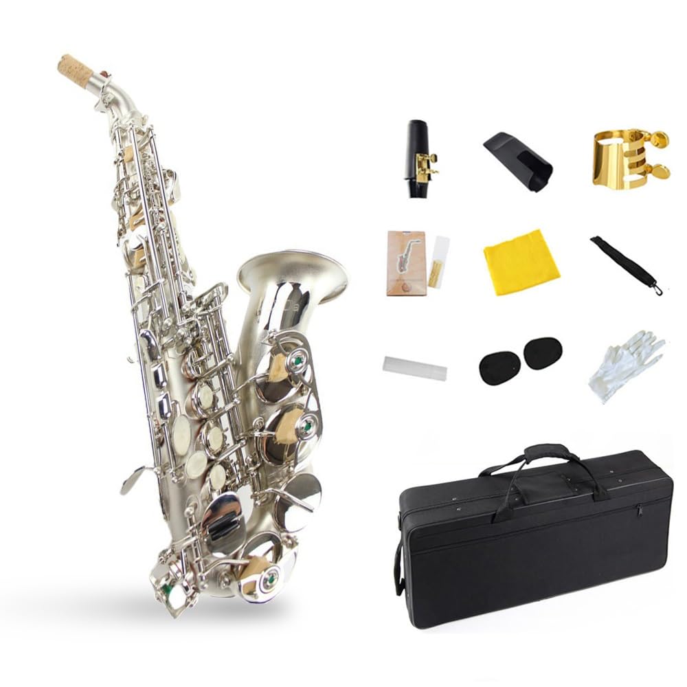 Saksofon sopranowy, profesjonalny instrument do gry, korpus z mosiądzu w kolorze srebrnym, profesjonalny saksofon altowy B-flat, zestaw saksofonowy, naciąg fletowy, futerał do przenoszenia, rękawiczki