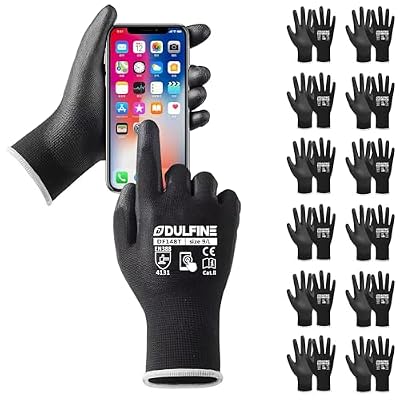 DULFINE Safety Work Gloves PU Coated for Men and Women-12 Pairs,Black Seamless Knit Glove with Two Fingers Touchscreen,Ideal for General Duty Work (Large)