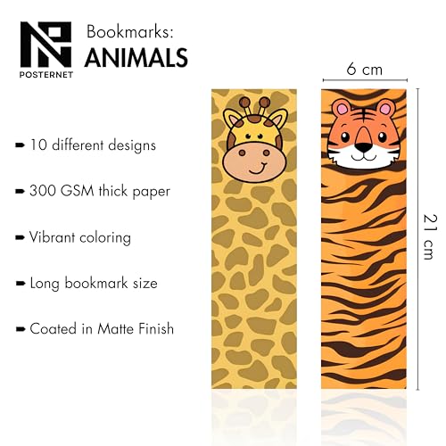 Image of Posternet Animal-Themed Bookmarks - Set of 10 | 21 x 6 cm | Printed on 300 GSM Photographic Paper | Cute & Creative Bookmarks for Animal Lovers, Students & Readers