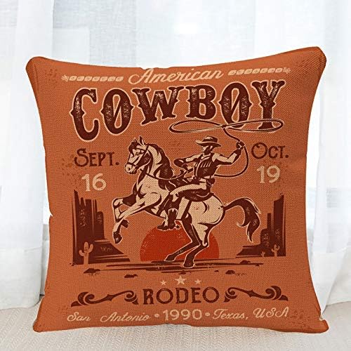 Throw Pillow Cover Western Rodeo with Cowboy Sitting on Rering Horse Decorative Pillow Case American Retro Style Square Pillowcase 18 x 18 Inch