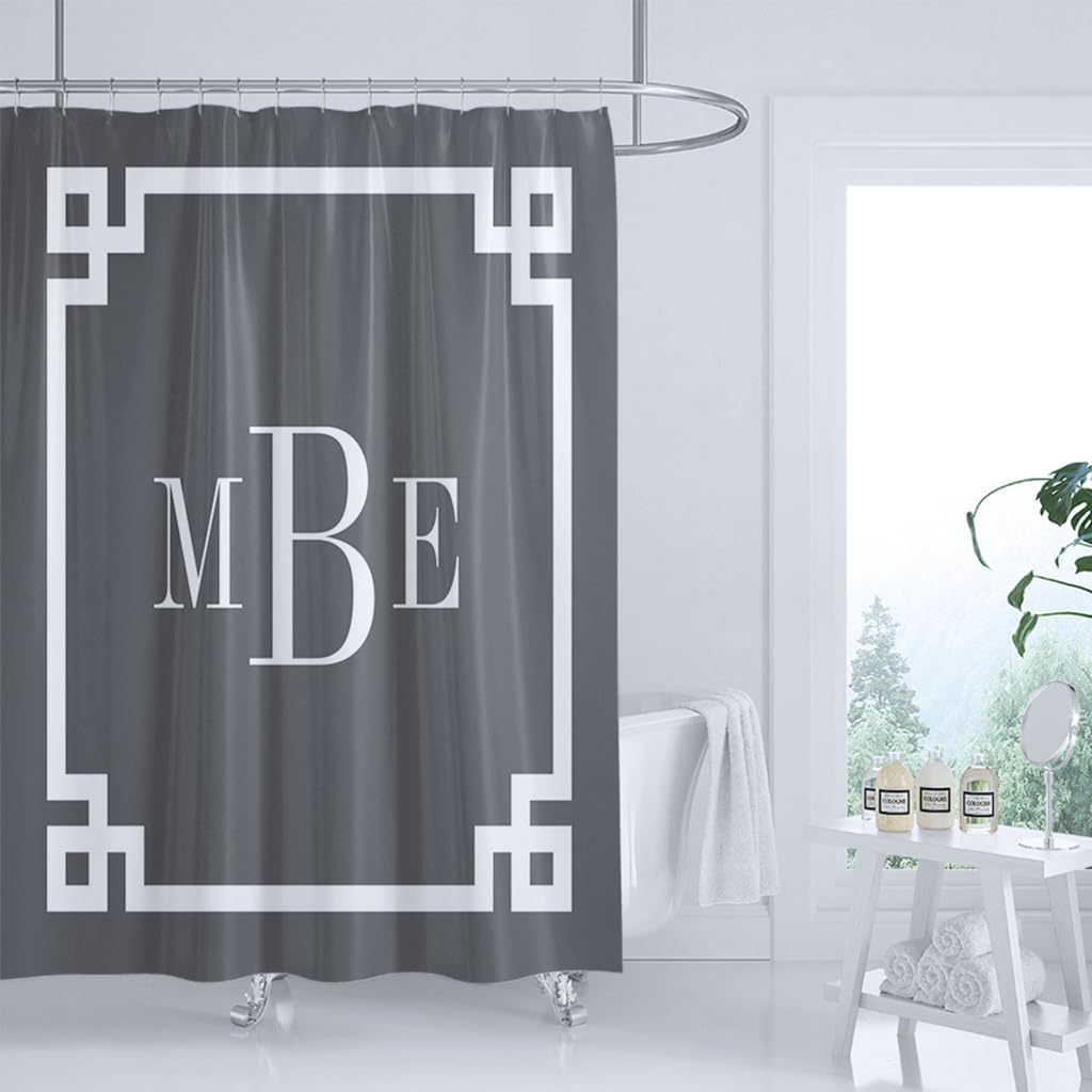 Shower Curtain, Charcoal Gray Greek Key Border Monogram Shower Curtains with 12 Hooks, Bathroom Bathtub Decor, Waterproof Shower Curtains for Bathroom, 72x72 Inches