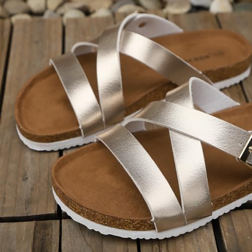 Image of Sandals Women Wide Width, Cork Footbed Arch Support Summer Beach Slide Sandals, Adjustable Strap for Wide Feet