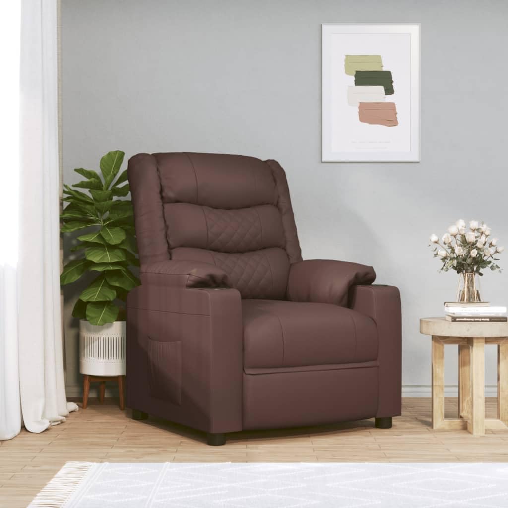 Sillón de relax manual marrón de piel sintética con 3 posiciones, respaldo y reposapiés ajustables manualmente, asiento acolchado grueso con reposabrazos anchos, marco de madera y metal
