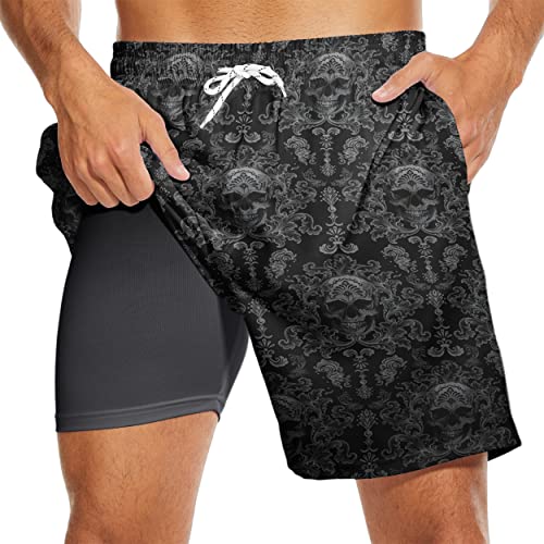 Skull Mens Swim Trunks with Compression Liner Black Gothic Men Swimming Trunks Board Shorts Swimwear 7 Inch Inseam