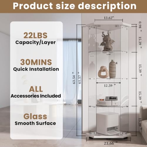Image of LFT HUIMEI2Y 4-Tier Glass Corner Cabinet with Lock, Display Case White