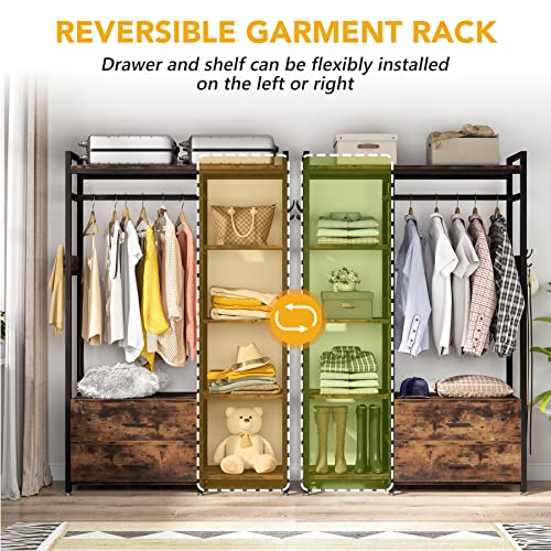 Tribesigns Freestanding Closet Organizer, Clothes Rack With Drawers And Shelves, Heavy Duty Garment Rack Hanging Clothing Wardrobe Storage Closet For Bedroom, Rustic Brown #TOP5
