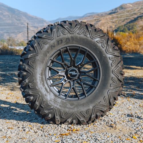 Image of Set of 4 - RockTrix RT104 14in Wheels Rims 14x7, Wanda 30x10-14 Tires 6-Ply Radial, 4x156 4 /156, 4+3 Offset, Compatible with Polaris ATV UTV SxS Applications - Matte Black