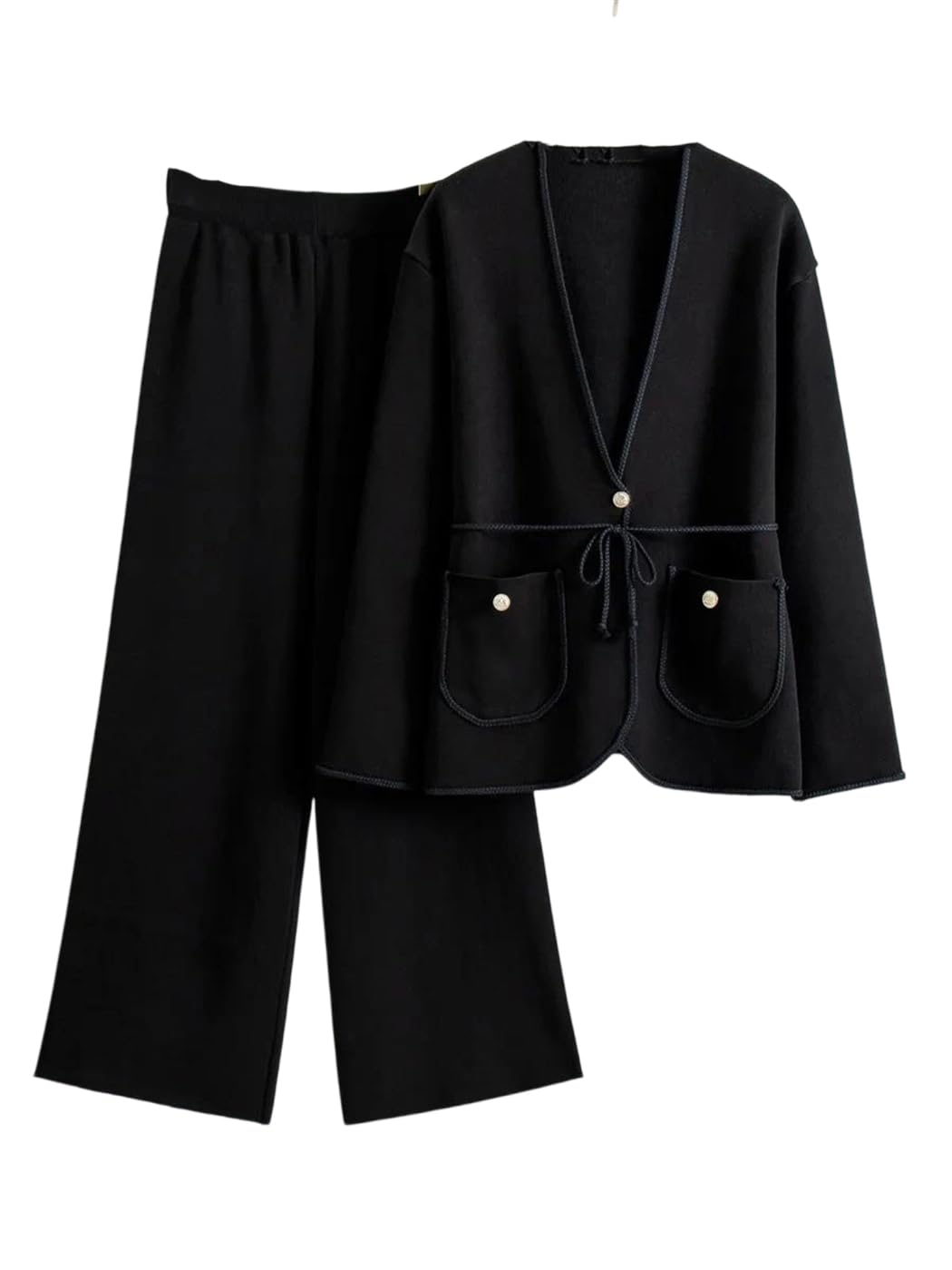 Completo da donna in maglia con scollo a V, cardigan con cintura e pantaloni dela donna in maglia con scollo a V, cardigan con cintura e pantaloni della tuta a vita alta, stile coreano, 2019