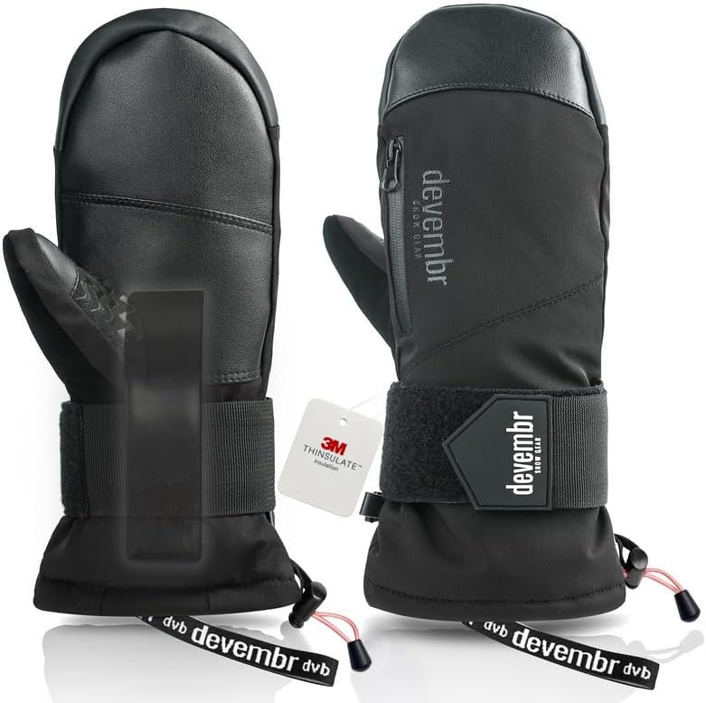 devembr Ski Mittens with Wrist Guards, Waterproof Snowboarding Mittens (S/M/L)
