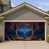 Copertura per porta del garage con albero, foglie autunnali e stelle, colore rosso, decorazione per la casa, per cortile, giardino, esterno, interno, feste, 390 x 180 cm