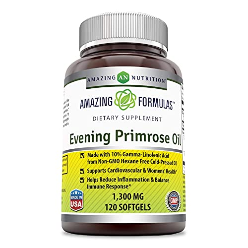 Amazing Formulas Evening Primrose Oil 1300 Mg 120 Softgels - High Potency- Made with 10% Gamma Linoleic from Non-GMO Hexane Free Cold Pressed Oil