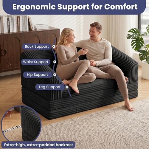 Image of JUIKURY Convertible Sofa Bed, 3-in-1 Foldable Loveseat Couch with Armrest, Corduroy Floor Sofa & Sleeper Bed, No Assembly High-Density Foam Futon Mattress for Living Room, Small Apartment, Dorm