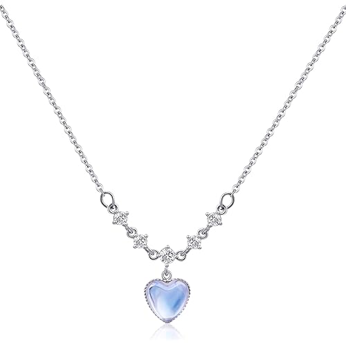 Silver Moonstone Necklace Heart Pendant Cubic Zirconia Necklace for Women Handmade Necklaces Moonstone Jewelry Valentine's Day