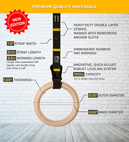 Double Circle Wood Gymnastic Rings With Quick Adjust Numbered Straps And Exercise Videos Guide - Full Body Workout - Calisthenics - Home Gym (Multi-Size) (Rings & Straps + Door Anchor + Foot Straps) #TOP3
