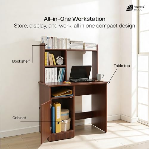 Image of Green Soul Alpine (2026 Edition) Study Table for Home PC with Hutch Design, Bottom Storage, is 3087 Engineered Wood, for Students (Rolex Brown, Alpine)