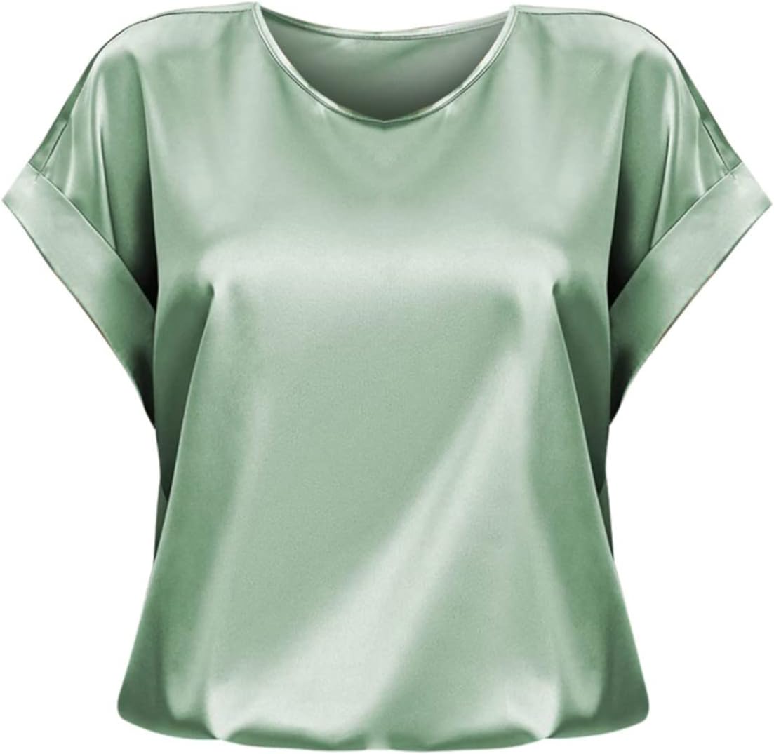 GenericSpring and Summer Ladies Tops for UK 2024 Women's Short Sleeve Satin Shirt Loose Casual Round Neck T Shirt Large Women's Tops Dressy Crewneck Blouses Elegant Tunic
