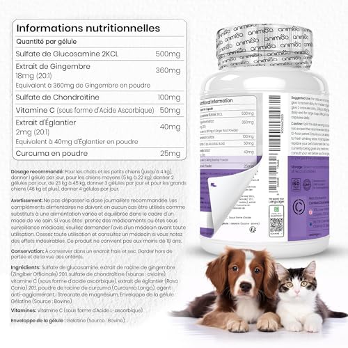 Glucosamine Chondroïtine Chien & Chat -180 Gélules avec Vitamine C, Curcuma, Gingembre, Églantier - sans Odeur, Anti Inflammatoire, Aide d'arthrose, Cartilage, Os, Souplesse, Chondroprotecteur – Image 6