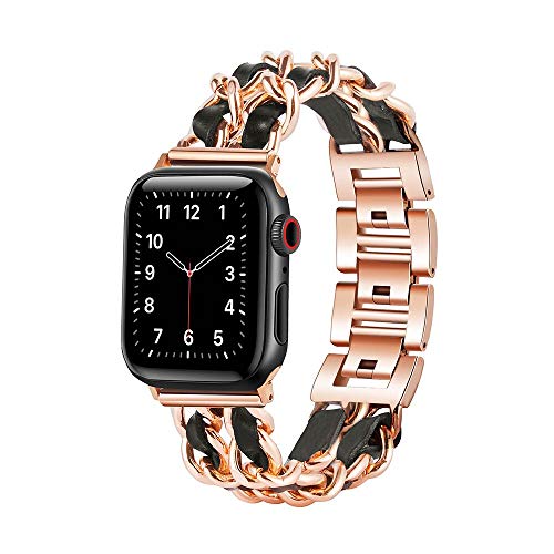 W17 Apple Watch Bands 44mm women, 44mm Series 6 SE Series 5, Apple Watch Bands 42mm Women Series 3, iWatch bands 42mm Womens, Jewelry Bracelet, Chain Link Metal Rose Gold with Black Leather