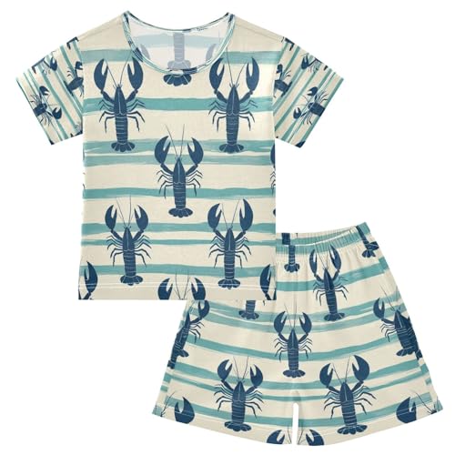 Pajama Sets Short Sleeve Lobster Pattern on Striped Background Soft Cotton Summer Sleepwear 2 Piece PJS Size 5-14T