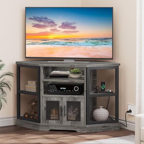 DWVO Corner TV Stand for TVs 55/50 Inch for Living Room, Modern Farmhouse Entertainment Center with Storage, TV Media Console Cabinet, Grey Oak