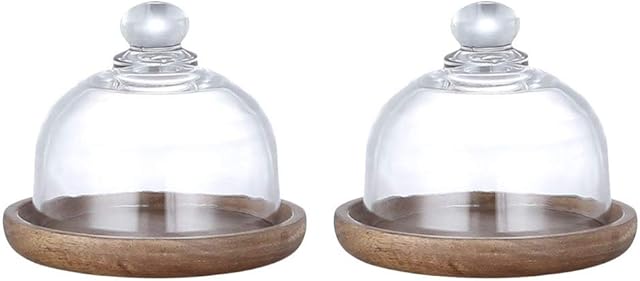 Angoily 2Pcs Cake Stand with Dome Cover, Round Cake Plate Server Platter Clear Wood Server Cake Stand with Glass Dome