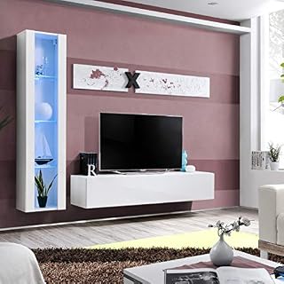 ASM Air G2 Wall Unit 210cm Wide PUSH-CLICK Glass Doors TV Stand Floating Display Cabinet High Gloss LED Lights White