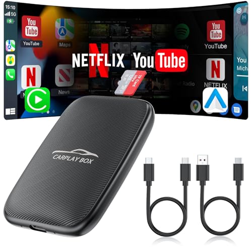 Adaptador inalámbrico 5 en 1 para coche CarPlay y Android, adaptador inalámbrico CarPlay con Netflix, YouTube, tarjeta TF, Plug & Play, Magic Video Ai Box para vehículos con cable de fábrica Apple
