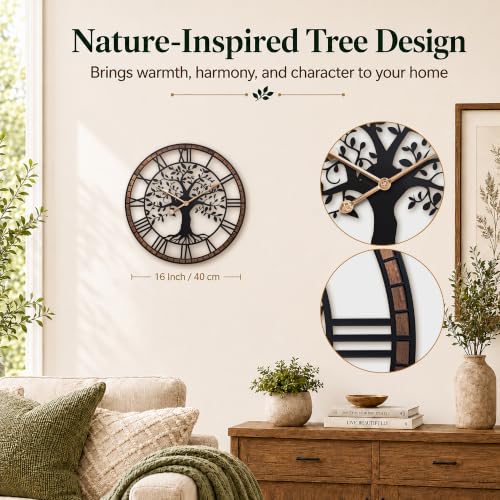 16 Inch Roman Numerals Tree Wall Clock for Living Room Decor,Wood Frame - Image 2