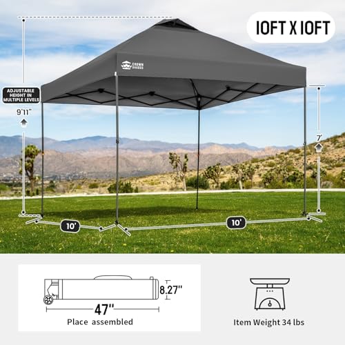 Image of CROWN SHADES Adjustable Height on The Fly, 10x10 Pop Up Canopy - Beach Tent with One Push Setup - Easy Outdoor Sun Shade for Events, Parties, Camping - Outside Shade with STO-N-Go Bag, Grey