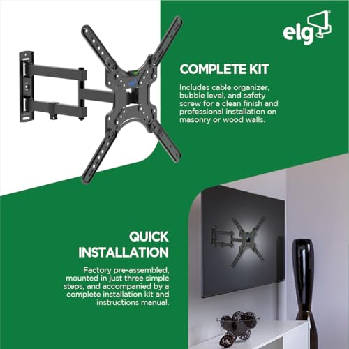 Image of ELG Full-Motion TV Wall Mount for 26-60 inch Flat & Curved TVs Single-Stud Articulating Bracket, 16.5 inch Extension, Tilt +5 /-10, Swivel 90, VESA 400x400, Holds Upto 30 Kgs.with Hardware Kit- MT400AR-EX