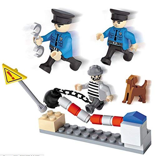 Close-up of assembled police officer figures, a crook figure, and barrier components.