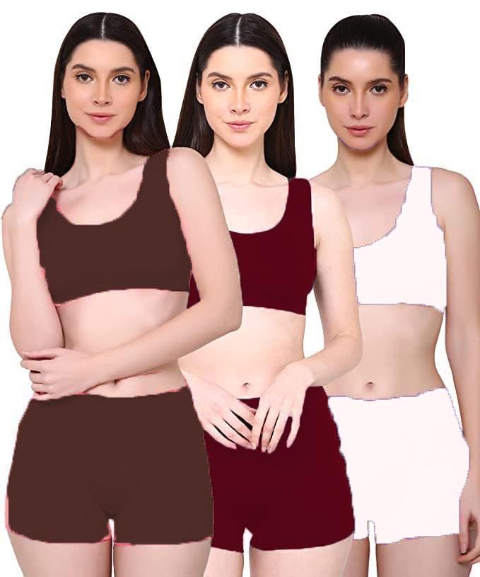 ok interprices Air Sports Bra and Panty Suitable for Gym Running Swimming Night wear fits Size 28 inches to 36 inch Used as Innerwear for Girls and Women (Combo Pack 3) Maroon White Brown-image-14