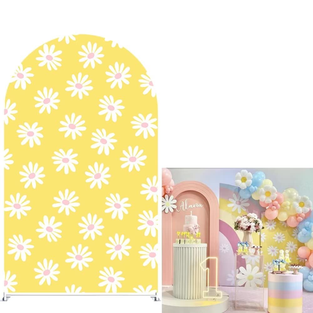afoloa Yellow Daisy Flowers Arch Backdrop Covers for Parties Retro Groovy Arched Panels Stretchy Fabric Cover Birthday Party Decors(2.5x6ft)