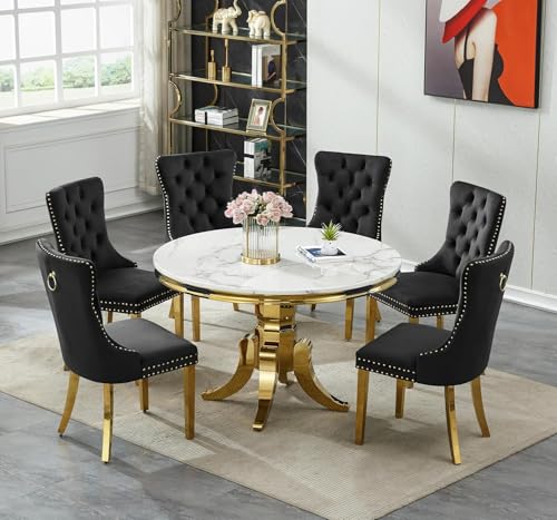 Image of 7-Piece Round Dining Table Set for 6, 45 inch Faux Marble Kitchen Tables Set with 6 Black Tufted Chairs, White Gold Circle Dining Table with Steel American-Base, Round Dining Room Table Set for 6