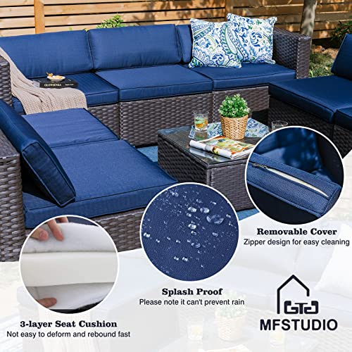 Mfstudio Patio Furniture Set,7-Piece Rattan Wicker Conversation Set,Outdoor Sectional Sofa Set With 45 Inch Rectangle Gas Fire Pit Table,50,000 Btu,Csa Approved(Navy Blue Cushions) #TOP1