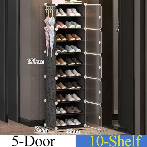 Image of AYSIS 𝟏𝟎 𝐒𝐡𝐞𝐥𝐟 DIY Shoe Rack Box Organizer | Multi-Purpose Plastic Shoe Rack for Home | Home Storage Shoe Rack with Door for Entryway, Chappal Slipper Sandals Shoe Stand【Black, 10-Shelf-5-Door】