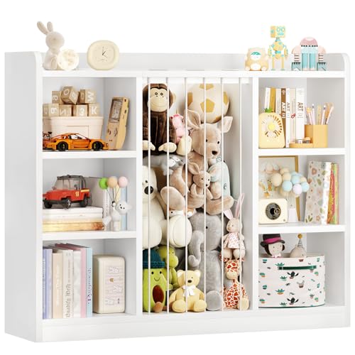 Image of Toddler Stuffed Animal Zoo, Toy Storage Organizer for Playroom, Plush Toy Organizers and Storage, Book Shelf for Kids Rooms, Elastic Band Child Bookcase, Toy Shelf with 8 Storage Cubbies (White)
