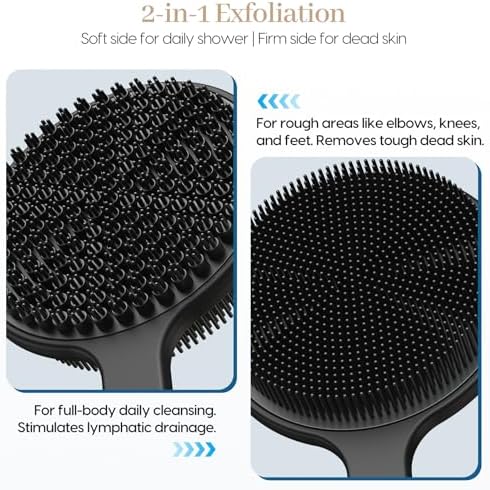Back Scrubber for Shower & Face Scrubber, 2Pcs Silicone Exfoliating Brush Set with 17In Long Handle, Soft Body & Facial Cleansing Scrubber for Men Women - 4