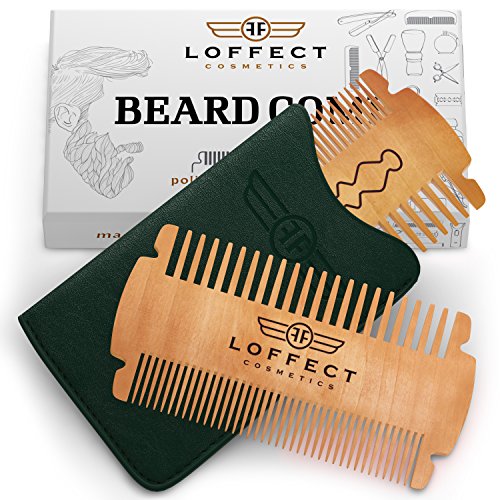 Wood beard comb for men - Wooden comb for MUSTACHES - Mens beard pocket combs with Leather case - GROOMING set no Curls and Tangles - Dual bristle - Travel size