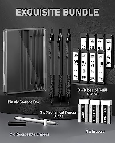 Image of Four Candies Metal Mechanical Pencil Set with Case, 0.5mm, 3PCS, Black