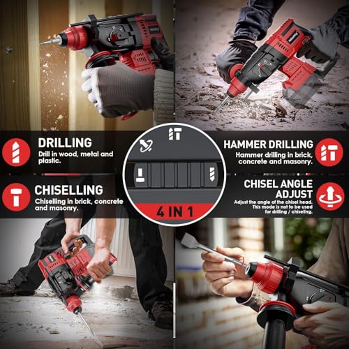 MtiolHig Cordless Rotary Hammer Drill Compatible with Milwaukee 18V Battery, Brushless SDS-Plus Hammer Drill with Safety Clutch for Concrete/Masonry, 1500 RPM, 4 Modes with 360°Auxiliary Handle thumbnail 6