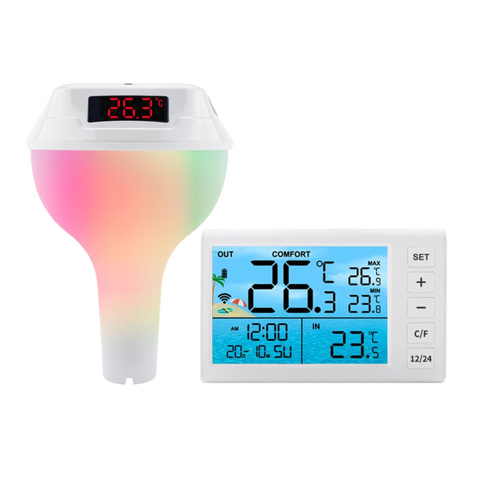 Termometro Digitale Solare Wireless for Piscina, misuratore di Temperatura for Il Nuoto con luci RGB dinamiche, Timer e Schermo LED.(White)