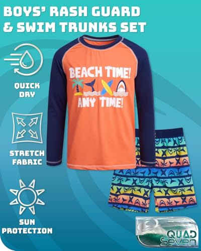 Image of Quad Seven Boys 2-Piece Rash Guard Swimsuit Set Short-Sleeve (Sizes 5-12) | Lightweight Quick-Dry Fabric with Sun Protection, Matching Top & Trunks, Adjustable Drawstring Waist for Pool or Beach Days
