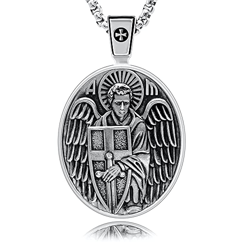 VENICEBEE® Archangel St. Michael Saint Medal Cross Sword Shield Guardian Angel Protection Christian Sacramental Solid 925 Sterling Silver Pendant Necklace + Velvet Pouch, Polishing Cloth, Gift Box