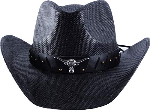 Western Outback Cowboy Hat Men's Women's Style Straw Felt Canvas (Black Bull) #TOP2