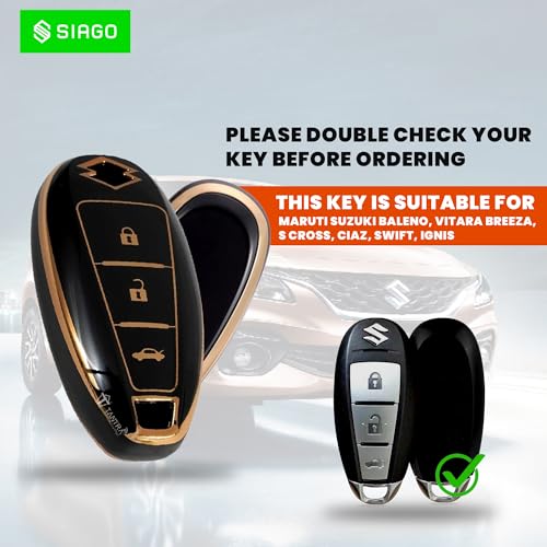 Image of SIAGO TPU Key Cover Compatible with Maruti Suzuki Baleno, Vitara Breeza, S Cross, Ciaz, Swift, Ignis, 3 Button Smart Key Cover (Black Pack of 1)