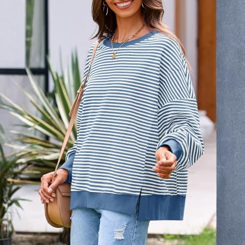 Striped Long Sleeve Shirt Women Waffle Knit Crewneck Oversized Sweatshirt - image 6