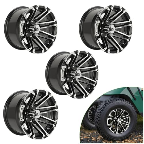 10L0L 12 Inch Golf Cart Wheel Hubs (4-Pack) with SS Center Caps - For Yamaha, Club Car, EZGO - 12x7, 4 * 101.6 Bolt Pattern, 25mm Offset - Durable Powder Coated Aluminum Wheels (Surface Black)