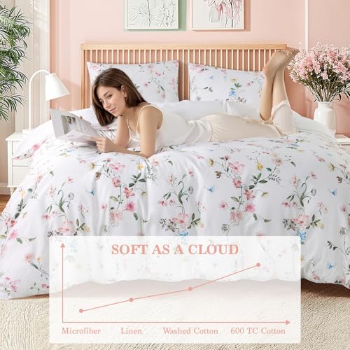 Shilucheng 100% Cotton Floral Duvet Cover Queen Size - 600 Thread Count, Breathable & Cooling Comforter Cover with Zipper Closure,Hotel Bedding Duvet Covers 3 Piece (Jacaranda & Pink)